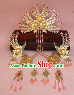 Chinese Ancient Princess Rosy Phoenix Coronet Headwear Traditional Tang Dynasty Queen Hairpins Hair Accessories for Women