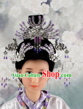 Chinese Ancient Princess Purple Crystal Phoenix Coronet Headwear Traditional Tang Dynasty Queen Hairpins Hair Accessories for Women