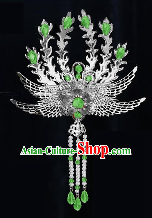 Chinese Ancient Princess Tassel Hair Clip Light Green Crystal Phoenix Hairpins Traditional Palace Hanfu Hair Accessories for Women