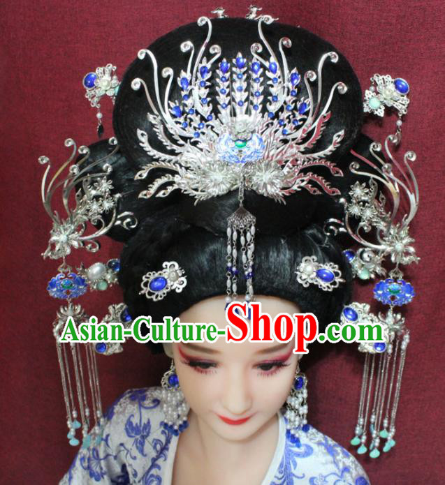 Chinese Ancient Queen Tassel Cloisonne Phoenix Coronet Hairpins Traditional Palace Wedding Hair Accessories for Women