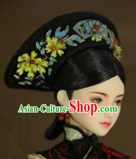 Chinese Ancient Palace Imperial Consort Cloisonne Lotus Hair Ornament Headwear Traditional Qing Dynasty Manchu Queen Hair Accessories for Women