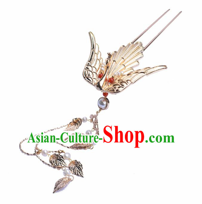 Chinese Ancient Princess Golden Crane Tassel Hairpins Traditional Hanfu Hair Accessories for Women
