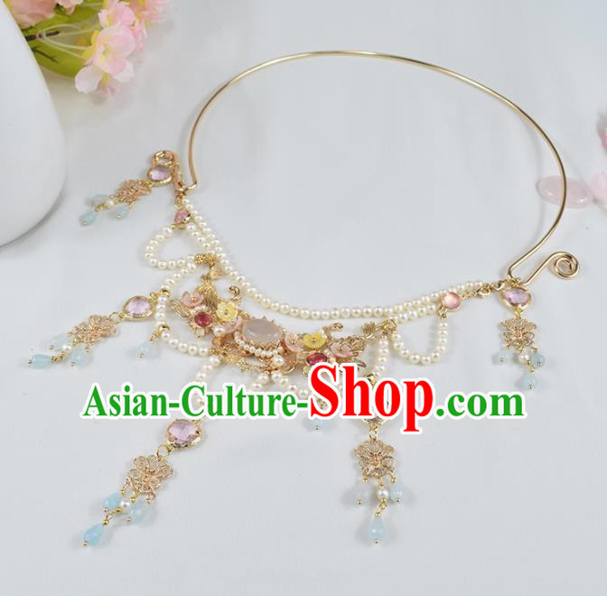 Handmade Chinese Hanfu Necklace Traditional Ancient Princess White Chalcedony Necklet Accessories for Women