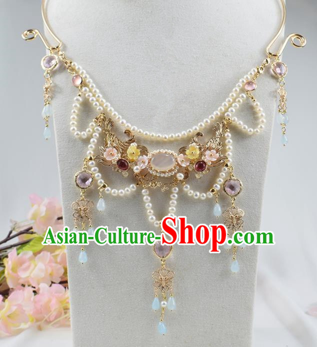 Handmade Chinese Hanfu Necklace Traditional Ancient Princess White Chalcedony Necklet Accessories for Women