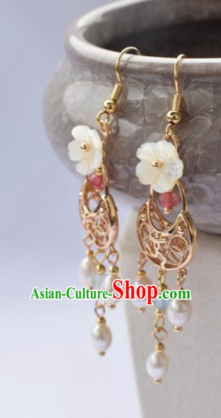 Chinese Ancient Princess Shell Flower Ear Accessories Traditional Hanfu Pearls Tassel Earrings for Women