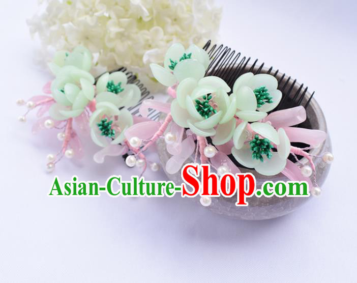 Chinese Ancient Princess Green Flowers Hair Comb Hairpins Traditional Hanfu Hair Accessories for Women