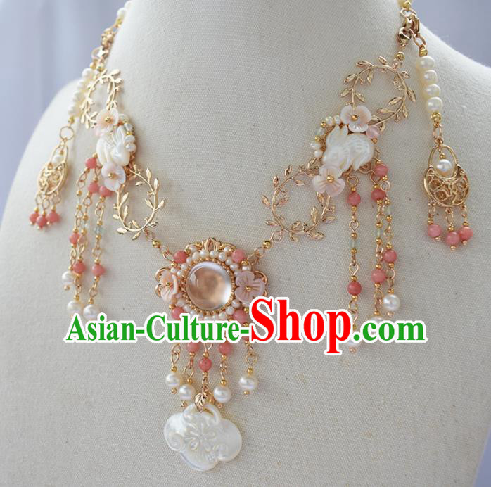 Handmade Chinese Hanfu Necklace Traditional Ancient Princess Shell Tassel Necklet Accessories for Women