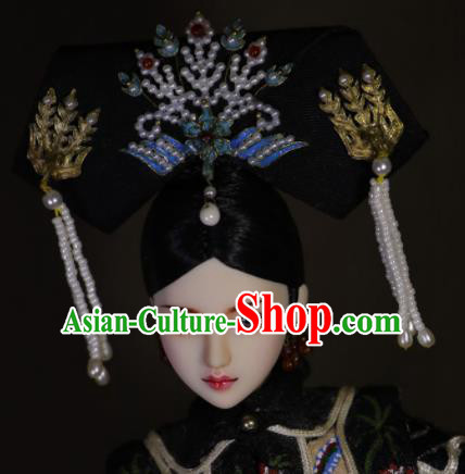 Chinese Ancient Cloisonne Phoenix Tassel Headwear Traditional Qing Dynasty Palace Manchu Imperial Consort Hair Accessories for Women
