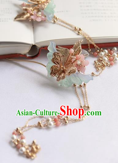Chinese Ancient Princess Jade Butterfly Tassel Hairpins Traditional Hanfu Hair Accessories for Women