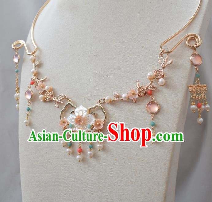 Handmade Chinese Hanfu Necklace Traditional Ancient Princess Shell Flower Necklet Accessories for Women