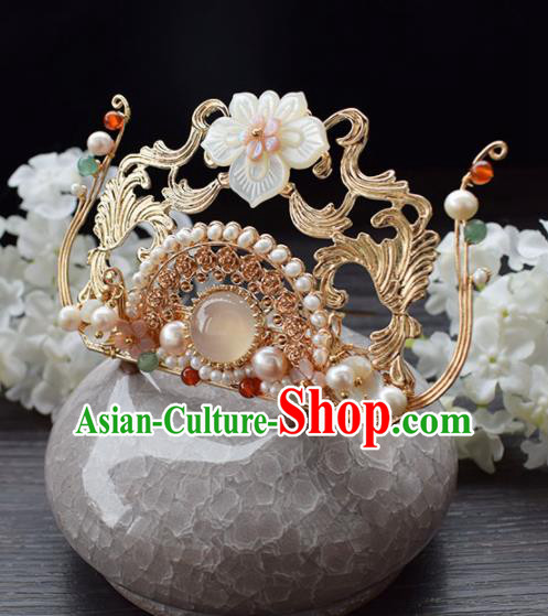Chinese Ancient Princess Palace Shell Lotus Hair Crown Hairpins Traditional Handmade Hanfu Hair Accessories for Women