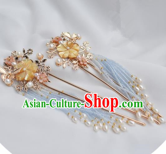 Chinese Ancient Princess Palace Yellow Shell Pearls Tassel Hairpins Traditional Handmade Hanfu Hair Accessories for Women