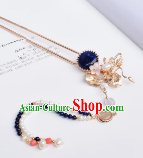 Chinese Ancient Princess Palace Pearls Tassel Blue Stone Hairpins Traditional Handmade Hanfu Hair Accessories for Women
