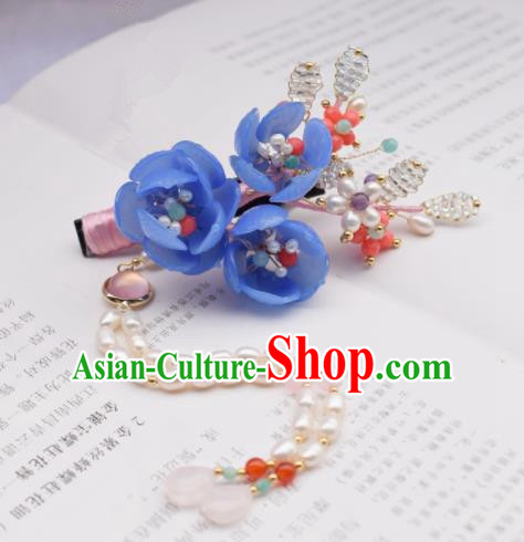Chinese Ancient Princess Palace Blue Flowers Pearls Tassel Hair Claw Hairpins Traditional Handmade Hanfu Hair Accessories for Women