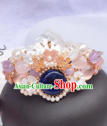 Chinese Ancient Princess Palace Blue Stone Shell Hair Crown Hairpins Traditional Handmade Hanfu Hair Accessories for Women