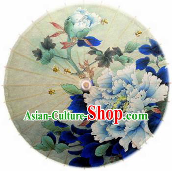 Handmade Chinese Traditional Umbrellas Ancient Printing Peony Blue Oiled Paper Umbrella