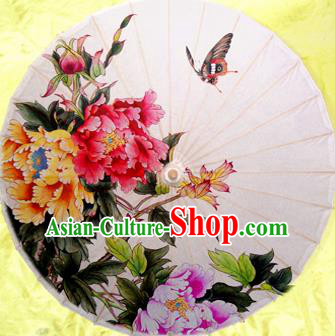 Handmade Chinese Traditional Umbrellas Ancient Printing Peony White Oiled Paper Umbrella