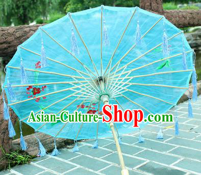 Handmade Chinese Traditional Tassel Blue Oiled Paper Umbrellas Ancient Princess Printing Umbrella