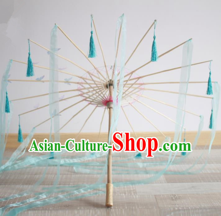 Handmade Chinese Traditional Green Ribbon Tassel Umbrellas Ancient Princess Umbrella
