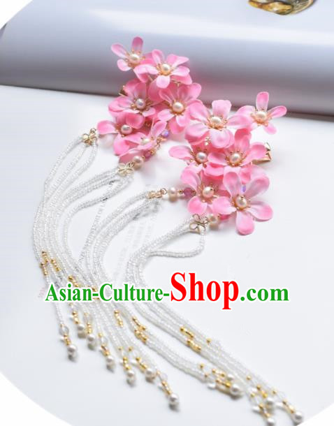 Chinese Ancient Princess Palace Pink Flowers Tassel Hair Claw Hairpins Traditional Handmade Hanfu Hair Accessories for Women