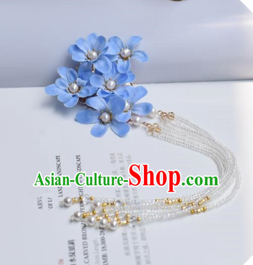 Chinese Ancient Princess Palace Blue Flowers Tassel Hair Claw Hairpins Traditional Handmade Hanfu Hair Accessories for Women