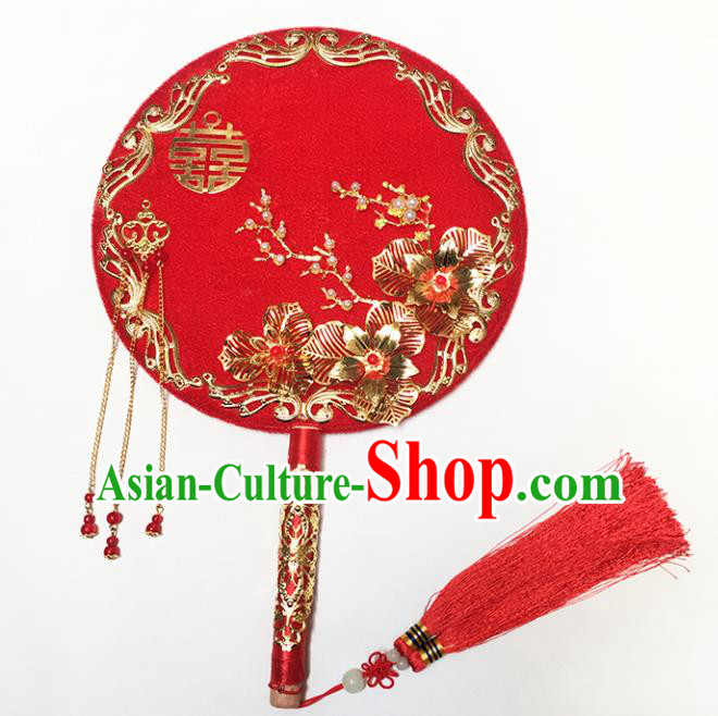 Chinese Handmade Classical Palace Fans Traditional Wedding Bride Red Round Fan for Women
