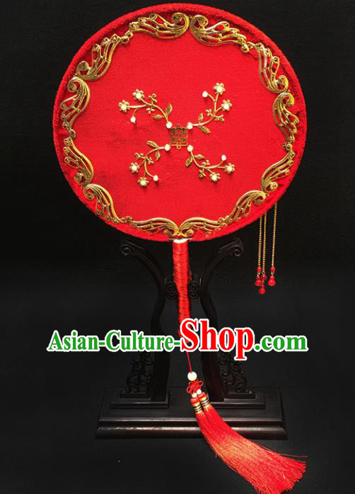 Chinese Handmade Classical Palace Fans Traditional Wedding Bride Red Round Fan for Women