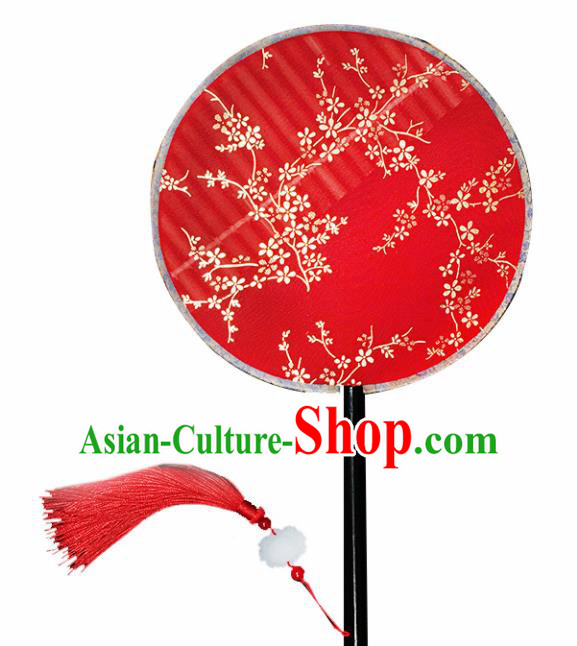 Chinese Handmade Classical Palace Fans Traditional Gilding Plum Blossom Red Silk Round Fan for Women