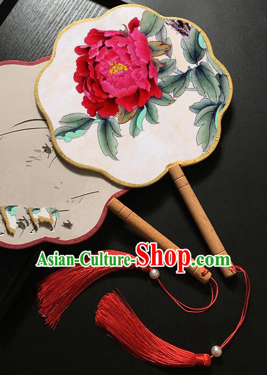 Chinese Handmade Classical Palace Fans Traditional Printing Red Peony Hanfu Fan for Women