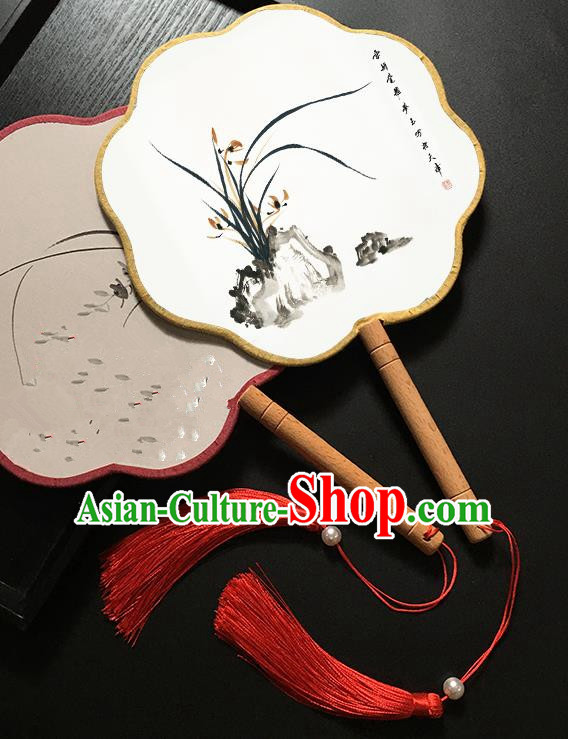 Chinese Handmade Classical Palace Fans Traditional Ink Painting Orchid Hanfu Fan for Women