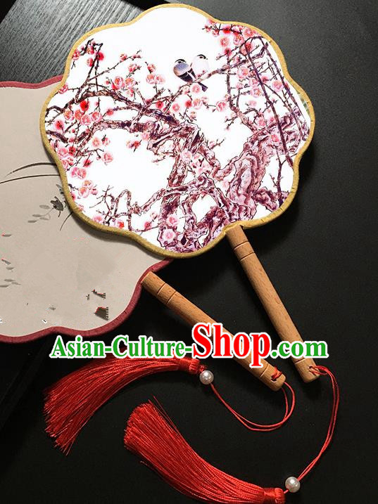 Chinese Handmade Classical Palace Fans Traditional Printing Plum Blossom Birds Hanfu Fan for Women