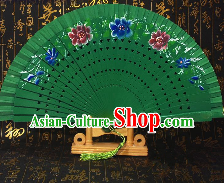 Chinese Handmade Classical Folding Fans Printing Flowers Green Wood Accordion Fan for Women