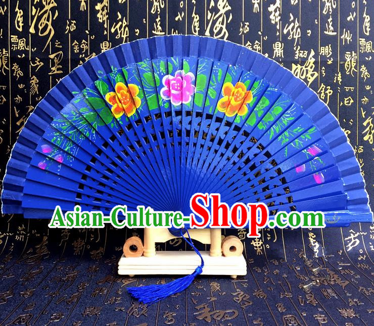 Chinese Handmade Classical Folding Fans Printing Flowers Wood Royalblue Accordion Fan for Women