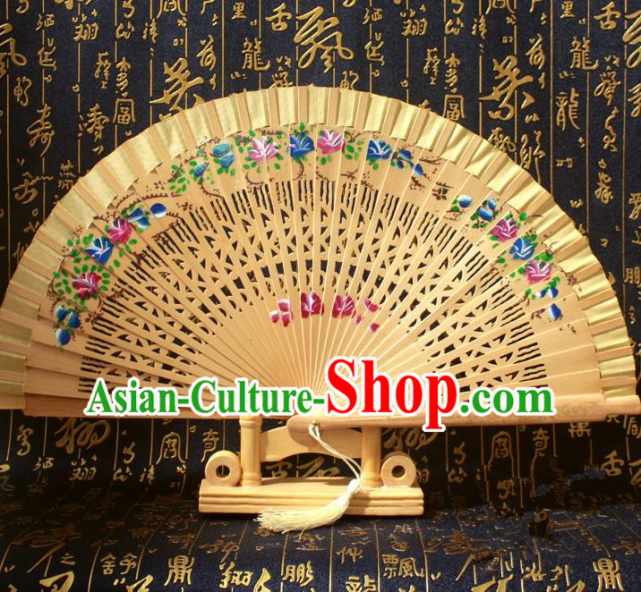 Chinese Handmade Classical Folding Fans Printing Flowers Wood Golden Silk Accordion Fan for Women