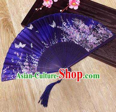 Chinese Handmade Classical Folding Fans Printing Flowers Purple Silk Accordion Fan for Women