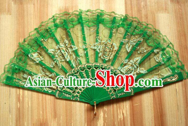 Chinese Handmade Folk Dance Green Lace Rose Folding Fans Classical Accordion Fan for Women