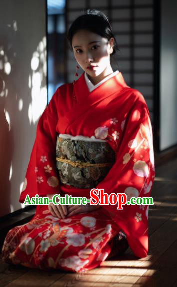 Japanese Handmade Kimono Japan Traditional Yukata Red Dress for Women