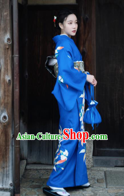 Japanese Handmade Kimono Japan Traditional Yukata Deep Blue Dress for Women