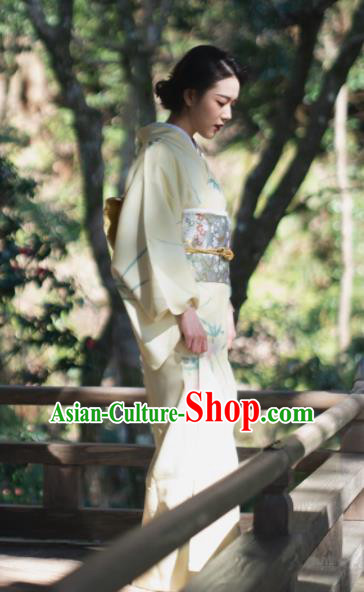 Japanese Handmade Yellow Kimono Costume Japan Traditional Yukata Dress for Women