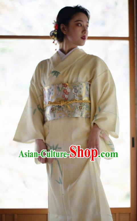 Japanese Handmade Yellow Kimono Costume Japan Traditional Yukata Dress for Women