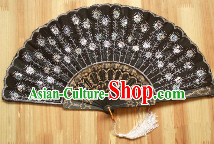 Chinese Handmade Classical Folding Fans Folk Dance White Paillette Silk Accordion Fan for Women