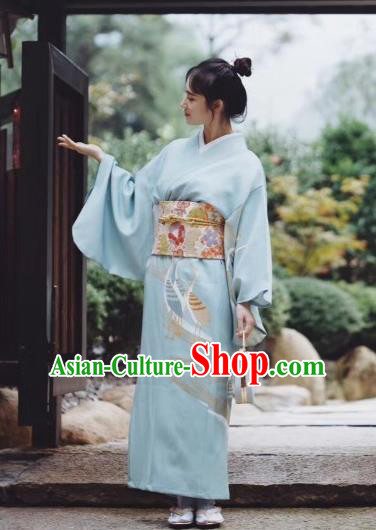 Japanese Handmade Printing Blue Kimono Costume Japan Traditional Yukata Dress for Women