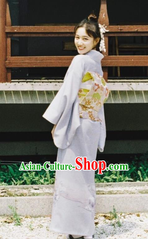 Japanese Handmade Light Purple Kimono Costume Japan Traditional Printing Yukata Dress for Women