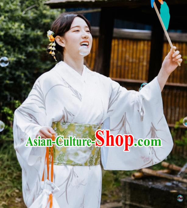 Japanese Handmade White Kimono Costume Japan Traditional Printing Orchid Yukata Dress for Women