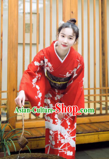 Japanese Handmade Printing Sakura Red Kimono Costume Japan Traditional Yukata Dress for Women