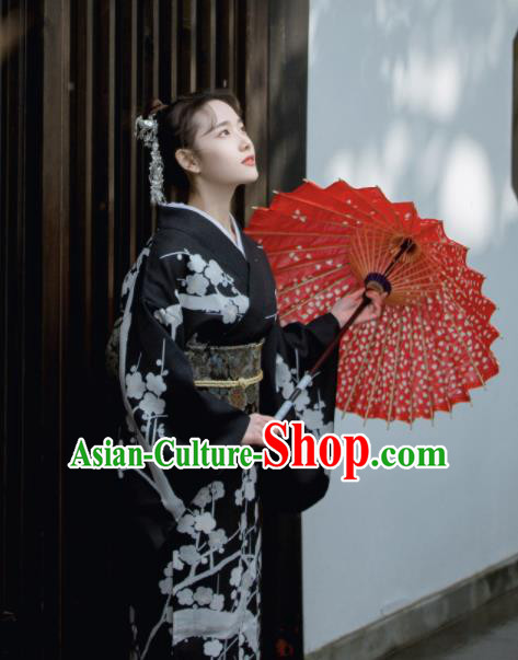 Japanese Handmade Printing Sakura Black Kimono Costume Japan Traditional Yukata Dress for Women