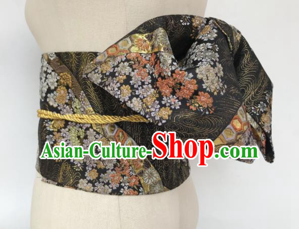 Japanese Handmade Kimono Waist Accessories Black Brocade Waistband Japan Traditional Yukata Belts for Women