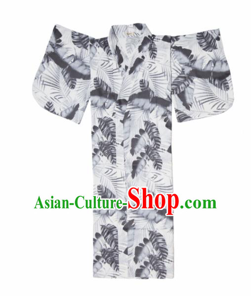 Japanese Handmade Printing Leaf White Kimono Costume Japan Traditional Yukata Dress for Women