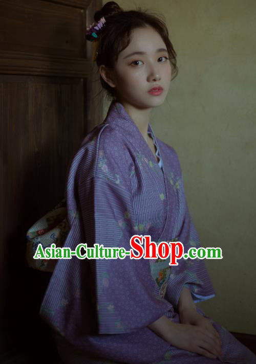 Japanese Handmade Printing Purple Kimono Costume Japan Traditional Yukata Dress for Women