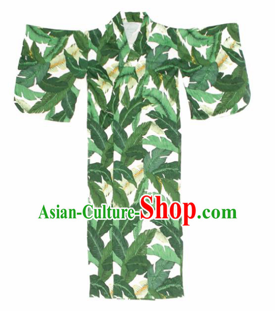 Japanese Handmade Printing Green Kimono Japan Traditional Yukata Dress Costume for Women